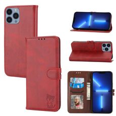 Custodia in pelle flip con motivo Happy Cat in rilievo per iPhone 16 Pro Max (rossa)