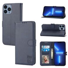 Custodia in pelle flip con motivo Happy Cat in rilievo per iPhone 16 Pro Max (blu)