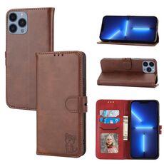 Custodia in pelle flip con motivo Happy Cat in rilievo per iPhone 16 Pro Max (marrone)