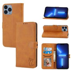 Custodia per telefono in pelle flip con motivo Happy Cat in rilievo per iPhone 16 Pro Max (gialla)