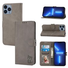 Custodia in pelle flip con motivo Happy Cat in rilievo per iPhone 16 Pro Max (grigio)