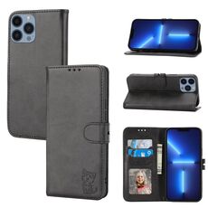 Custodia in pelle flip con motivo Happy Cat in rilievo per iPhone 16 Pro Max (nera)