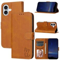 Custodia per telefono in pelle flip con motivo Happy Cat in rilievo per iPhone 16 (gialla)