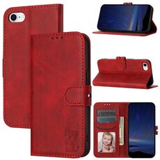 Custodia per telefono in pelle flip con motivo Happy Cat in rilievo per iPhone SE 2024 (rossa)