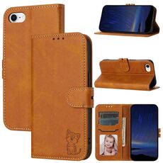 Custodia per telefono in pelle flip con motivo Happy Cat in rilievo per iPhone SE 2024 (gialla)