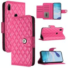 Custodia per cellulare in pelle Flip con struttura rombica globale per Honor 9X 4G con cordino (rosa rossa)