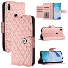 Custodia per telefono in pelle Flip con struttura rombica globale per Honor 9X 4G con cordino (rosa corallo)