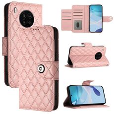 Custodia per cellulare in pelle con texture rombica per Honor 50 Lite / Huawei nova 8i con cordino (rosa corallo)