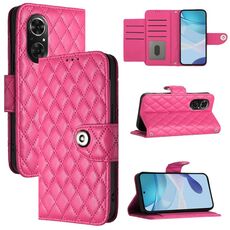 Custodia per cellulare in pelle con texture rombica per Honor 50 SE / Huawei nova 9 SE con cordino (rosa rosso)