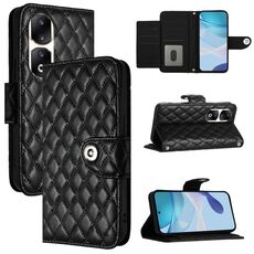 Per Honor 90 Pro Custodia per cellulare in pelle con texture rombica con cordino (nera)