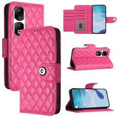 Custodia per cellulare in pelle con texture rombica per Honor 90 Pro con cordino (rosa rossa)