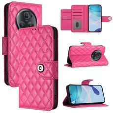 Custodia per cellulare in pelle con texture rombica per Honor Magic5 Pro con cordino (rosa rossa)