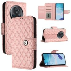 Custodia per cellulare in pelle con texture rombica per Honor Magic5 Pro con cordino (rosa corallo)