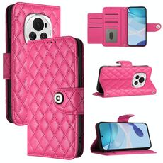 Custodia per cellulare in pelle con texture rombica per Honor Magic6 con cordino (rosa rossa)