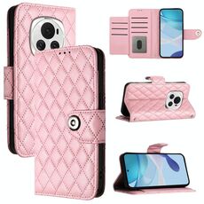 Custodia per telefono in pelle Flip con texture rombica per Honor Magic6 con cordino (rosa)