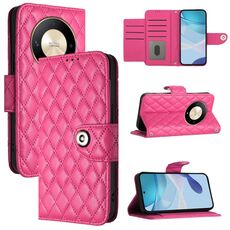 Custodia per cellulare in pelle con texture rombica per Honor X9b / Magic6 Lite con cordino (rosa rossa)
