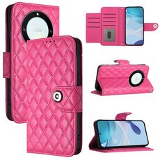 Custodia per cellulare in pelle con texture rombica per Honor X40 / X9a / Magic5 Lite con cordino (rosa rossa)