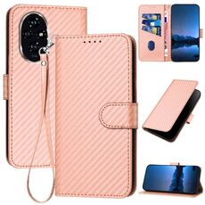 Per Honor 200 YX0070 Custodia per telefono in pelle con fibbia in fibra di carbonio con cordino (rosa)