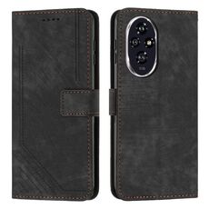 Custodia in pelle con motivo a strisce per Honor 200 Pro con cordino (nero)