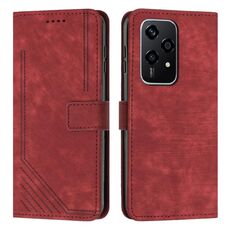 Custodia per telefono in pelle con motivo a strisce Global Skin Feel per Honor 200 Lite con cordino (rosso)
