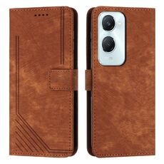 Custodia per cellulare in pelle con motivo a strisce per vivo Y03 / Y18 / Y18e con cordino (marrone)
