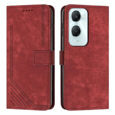 Custodia per telefono in pelle con motivo a strisce per vivo Y03 / Y18 / Y18e con cordino (rosso)
