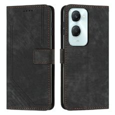 Custodia per cellulare in pelle con motivo a strisce per vivo Y03 / Y18 / Y18e con cordino (nero)