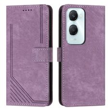 Custodia per cellulare in pelle con motivo a strisce per vivo Y03 / Y18 / Y18e con cordino (viola)