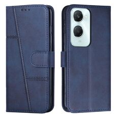 Custodia per cellulare in pelle con fibbia in vitello con cuciture per vivo Y03 / Y18 / Y18e (blu)