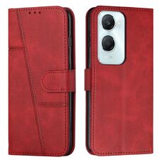 Custodia per telefono in pelle con fibbia in pelle di vitello con cuciture per vivo Y03 / Y18 / Y18e (rossa)