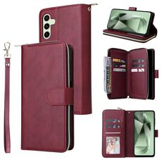 Per Samsung Galaxy S24 FE 5G 9-Slot per schede Portafoglio con cerniera Custodia in pelle per telefono (rosso vino)