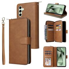 Per Samsung Galaxy S24 FE 5G Custodia per telefono in pelle con cerniera a 9 slot per schede (marrone)
