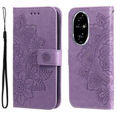 Custodia per telefono in pelle con stampa a sette petali di fiori per Honor 200 Pro (viola chiaro)