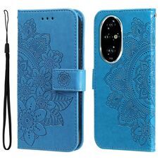 Custodia per telefono in pelle con stampa a sette petali di fiori per Honor 200 Pro (blu)