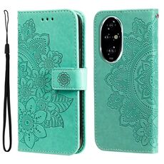 Custodia per telefono in pelle con stampa a fiori a 7 petali per Honor 200 Pro (verde)