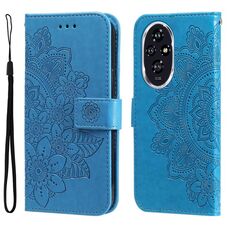 Custodia per cellulare in pelle con stampa a sette petali di fiori per Honor 200 (blu)