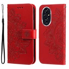 Custodia per cellulare in pelle con stampa a fiori a 7 petali per Honor 200 (rossa)