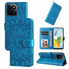 Custodia per telefono in pelle con motivo girasole in rilievo per Honor Play 60 Plus (blu)