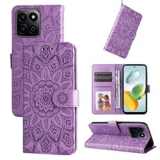 Custodia per telefono in pelle con motivo girasole in rilievo per Honor Play 60 Plus (viola)
