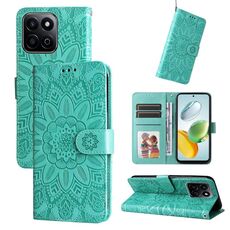 Custodia per telefono in pelle con motivo girasole in rilievo per Honor Play 60 Plus (verde)