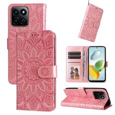 Custodia per telefono in pelle con motivo girasole in rilievo per Honor Play 60 Plus (oro rosa)