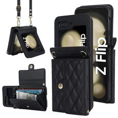 Per Samsung Galaxy Z Flip6 Custodia per telefono in PU con trama rombica e cordino lungo (nero)