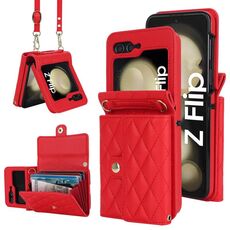 Custodia per telefono in PU con trama rombica per Samsung Galaxy Z Flip6 con cordino lungo (rosso)