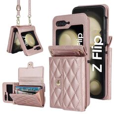 Custodia per telefono in PU con trama rombica per Samsung Galaxy Z Flip6 con cordino lungo (oro rosa)