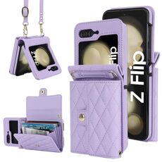 Custodia per telefono in PU con trama rombica per Samsung Galaxy Z Flip6 con cordino lungo (viola)