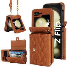 Custodia per telefono in PU con trama rombica per Samsung Galaxy Z Flip6 con cordino lungo (marrone)