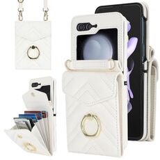 Per Samsung Galaxy Z Flip6 Custodia per telefono con slot per schede RFID a forma di V con supporto ad anello (bianco)