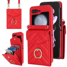 Per Samsung Galaxy Z Flip6 Custodia per telefono con slot per schede RFID a forma di V con supporto ad anello (rosso)