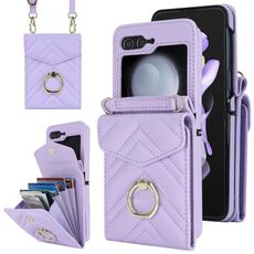 Per Samsung Galaxy Z Flip6 Custodia per telefono con slot per scheda RFID a forma di V con supporto ad anello (viola)