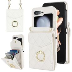 Per Samsung Galaxy Z Flip6 Custodia per telefono con slot per schede RFID a reticolo diamantato con supporto ad anello (bianco)